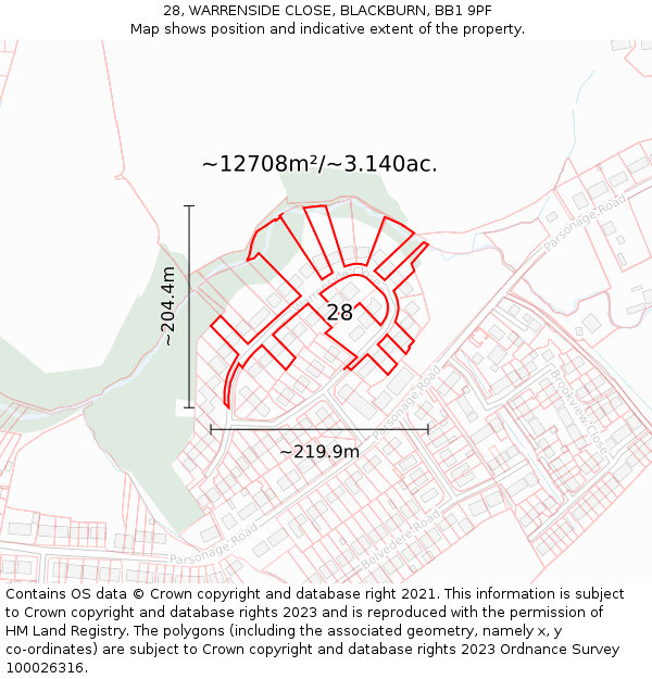 28, WARRENSIDE CLOSE, BLACKBURN, BB1 9PF: Plot and title map