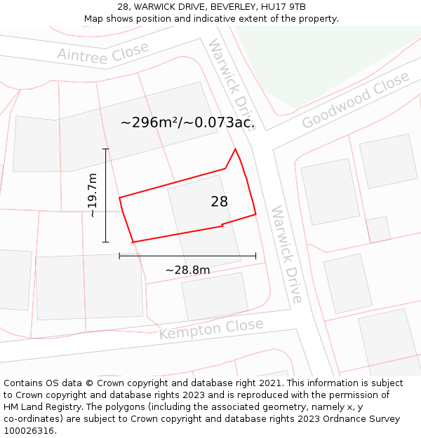 28, WARWICK DRIVE, BEVERLEY, HU17 9TB: Plot and title map