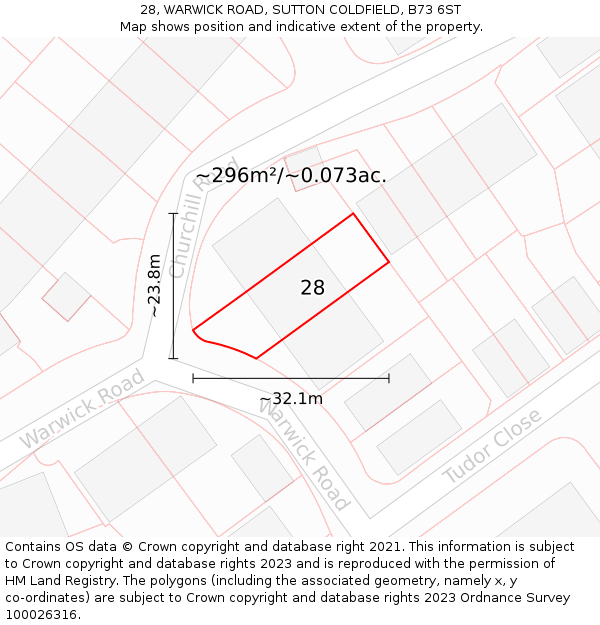 28, WARWICK ROAD, SUTTON COLDFIELD, B73 6ST: Plot and title map