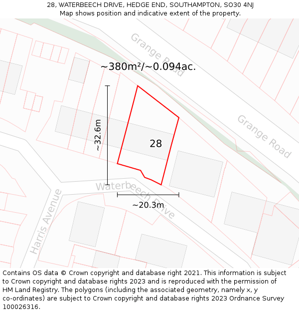 28, WATERBEECH DRIVE, HEDGE END, SOUTHAMPTON, SO30 4NJ: Plot and title map