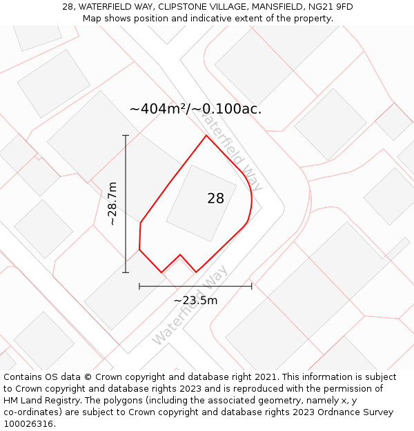 28, WATERFIELD WAY, CLIPSTONE VILLAGE, MANSFIELD, NG21 9FD: Plot and title map