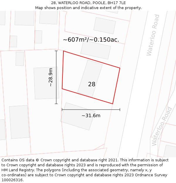 28, WATERLOO ROAD, POOLE, BH17 7LE: Plot and title map