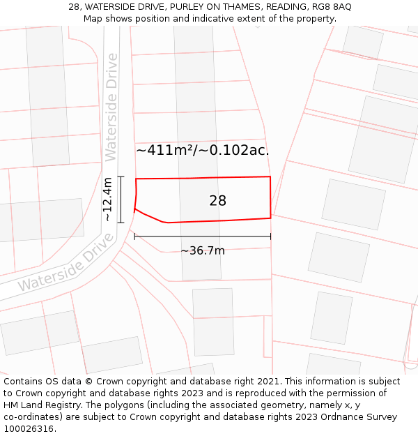 28, WATERSIDE DRIVE, PURLEY ON THAMES, READING, RG8 8AQ: Plot and title map
