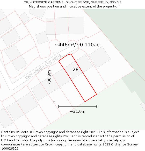 28, WATERSIDE GARDENS, OUGHTIBRIDGE, SHEFFIELD, S35 0JS: Plot and title map