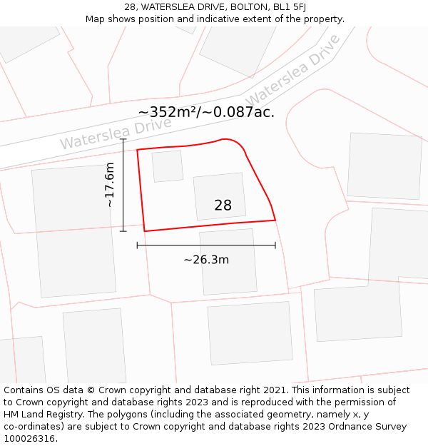 28, WATERSLEA DRIVE, BOLTON, BL1 5FJ: Plot and title map