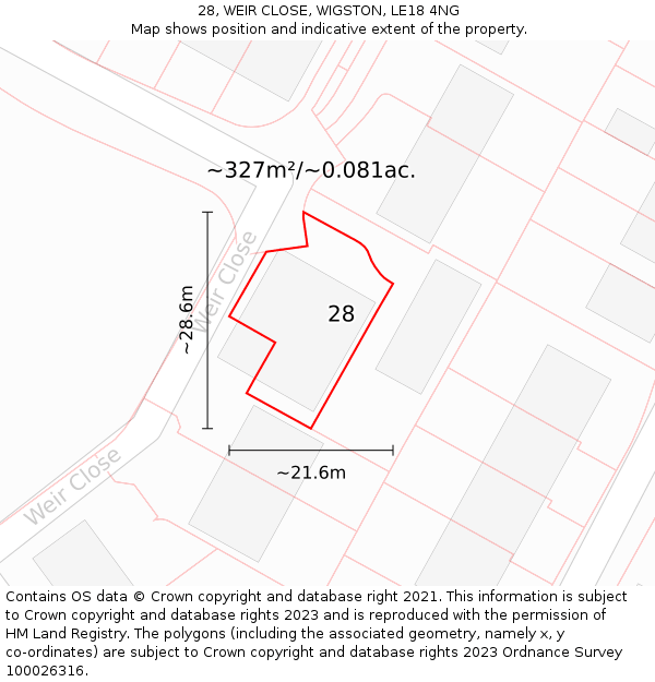 28, WEIR CLOSE, WIGSTON, LE18 4NG: Plot and title map