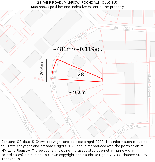 28, WEIR ROAD, MILNROW, ROCHDALE, OL16 3UX: Plot and title map