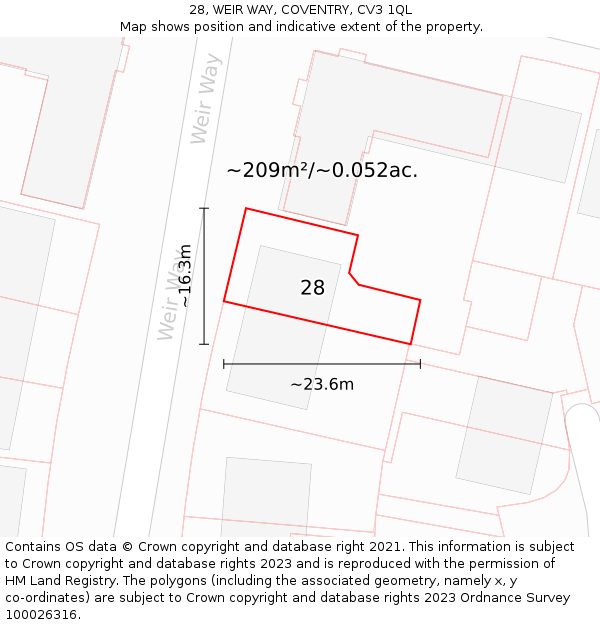 28, WEIR WAY, COVENTRY, CV3 1QL: Plot and title map