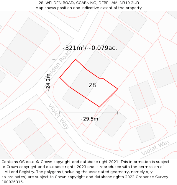 28, WELDEN ROAD, SCARNING, DEREHAM, NR19 2UB: Plot and title map