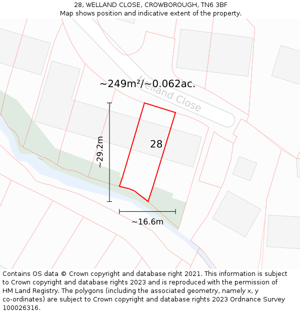 28, WELLAND CLOSE, CROWBOROUGH, TN6 3BF: Plot and title map