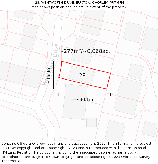 28, WENTWORTH DRIVE, EUXTON, CHORLEY, PR7 6FN: Plot and title map