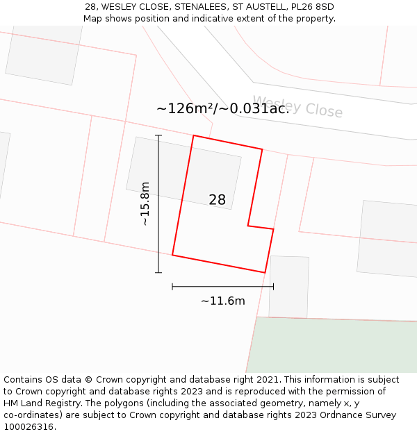 28, WESLEY CLOSE, STENALEES, ST AUSTELL, PL26 8SD: Plot and title map