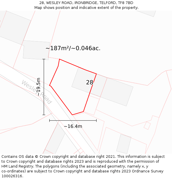 28, WESLEY ROAD, IRONBRIDGE, TELFORD, TF8 7BD: Plot and title map