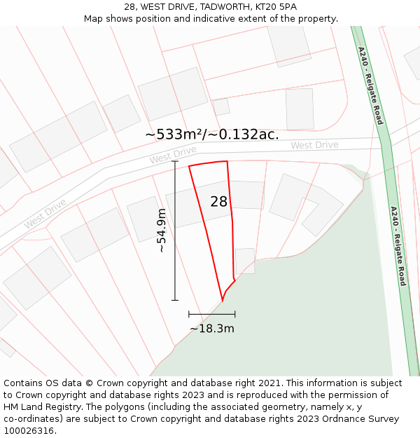 28, WEST DRIVE, TADWORTH, KT20 5PA: Plot and title map