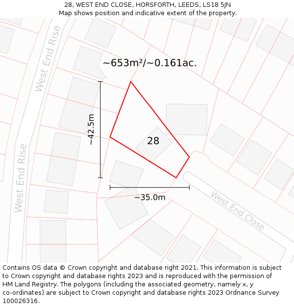 28, WEST END CLOSE, HORSFORTH, LEEDS, LS18 5JN: Plot and title map