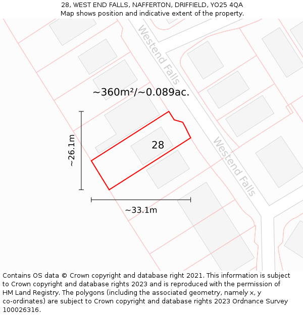 28, WEST END FALLS, NAFFERTON, DRIFFIELD, YO25 4QA: Plot and title map