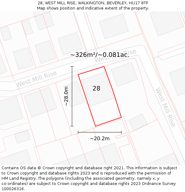 28, WEST MILL RISE, WALKINGTON, BEVERLEY, HU17 8TP: Plot and title map