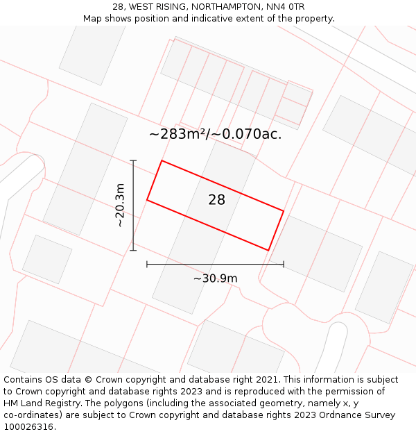 28, WEST RISING, NORTHAMPTON, NN4 0TR: Plot and title map