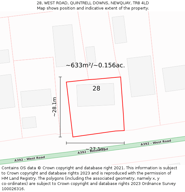 28, WEST ROAD, QUINTRELL DOWNS, NEWQUAY, TR8 4LD: Plot and title map