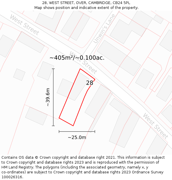 28, WEST STREET, OVER, CAMBRIDGE, CB24 5PL: Plot and title map