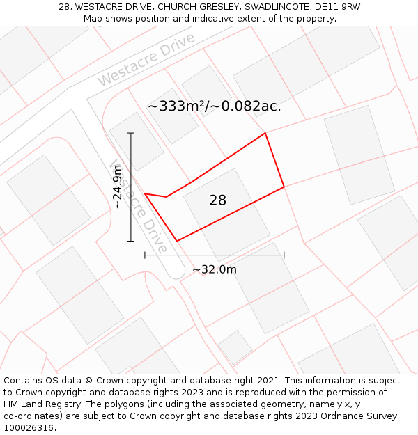 28, WESTACRE DRIVE, CHURCH GRESLEY, SWADLINCOTE, DE11 9RW: Plot and title map