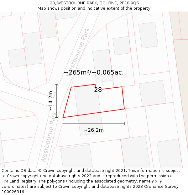 28, WESTBOURNE PARK, BOURNE, PE10 9QS: Plot and title map