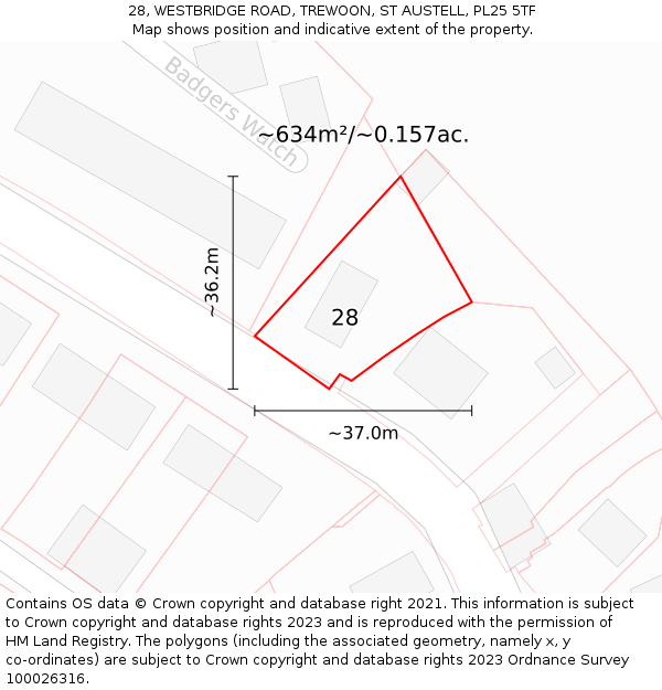 28, WESTBRIDGE ROAD, TREWOON, ST AUSTELL, PL25 5TF: Plot and title map