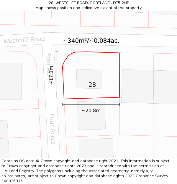 28, WESTCLIFF ROAD, PORTLAND, DT5 2HP: Plot and title map