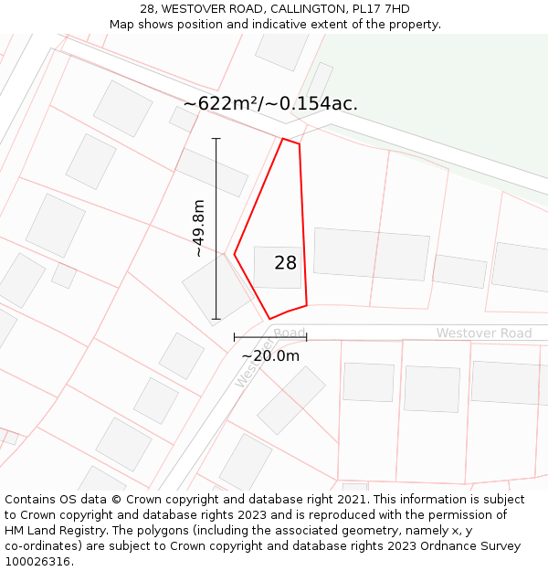 28, WESTOVER ROAD, CALLINGTON, PL17 7HD: Plot and title map