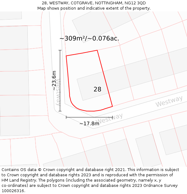 28, WESTWAY, COTGRAVE, NOTTINGHAM, NG12 3QD: Plot and title map