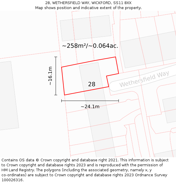 28, WETHERSFIELD WAY, WICKFORD, SS11 8XX: Plot and title map