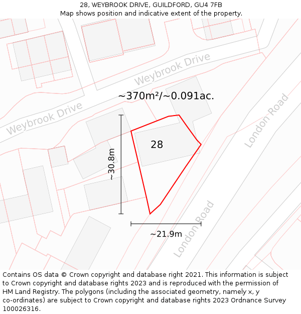 28, WEYBROOK DRIVE, GUILDFORD, GU4 7FB: Plot and title map