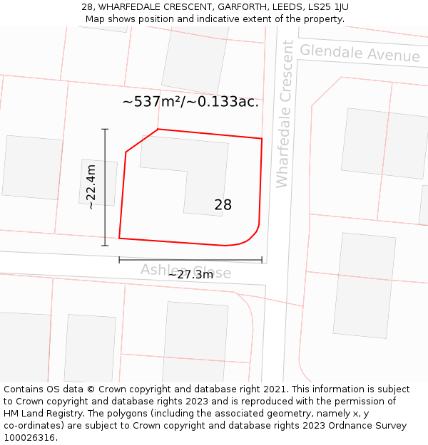 28, WHARFEDALE CRESCENT, GARFORTH, LEEDS, LS25 1JU: Plot and title map