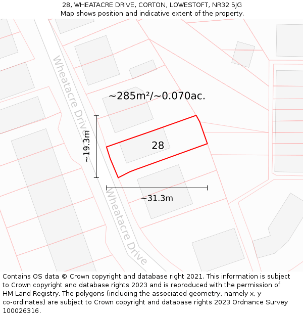 28, WHEATACRE DRIVE, CORTON, LOWESTOFT, NR32 5JG: Plot and title map