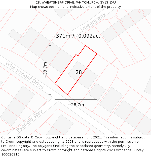 28, WHEATSHEAF DRIVE, WHITCHURCH, SY13 1XU: Plot and title map