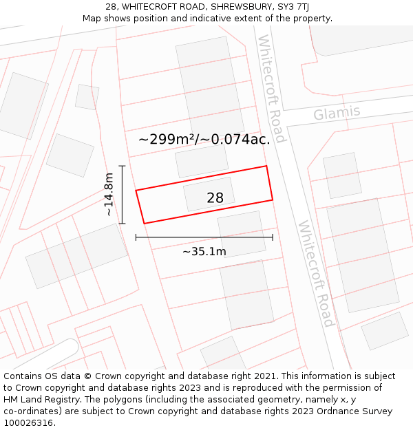 28, WHITECROFT ROAD, SHREWSBURY, SY3 7TJ: Plot and title map