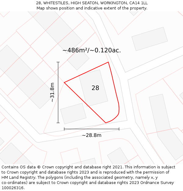 28, WHITESTILES, HIGH SEATON, WORKINGTON, CA14 1LL: Plot and title map