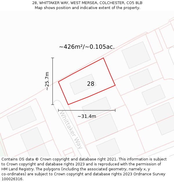 28, WHITTAKER WAY, WEST MERSEA, COLCHESTER, CO5 8LB: Plot and title map