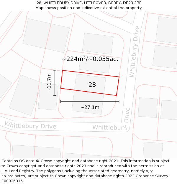 28, WHITTLEBURY DRIVE, LITTLEOVER, DERBY, DE23 3BF: Plot and title map