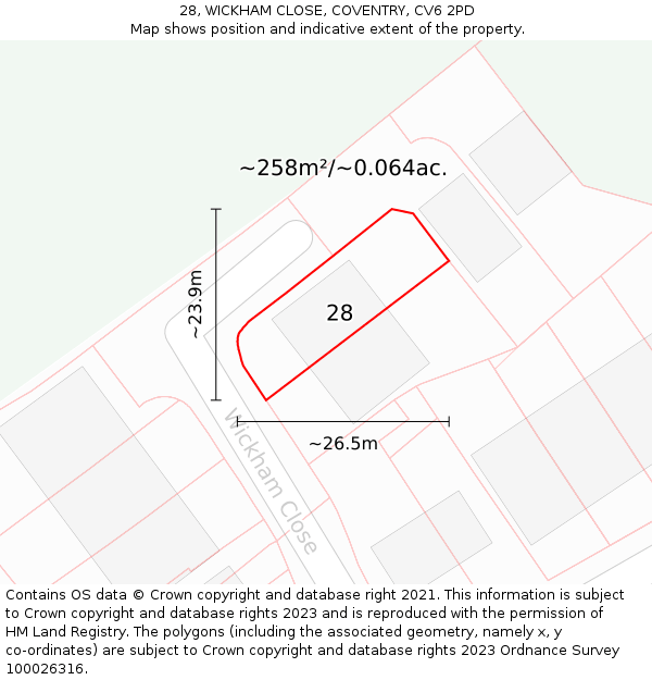 28, WICKHAM CLOSE, COVENTRY, CV6 2PD: Plot and title map