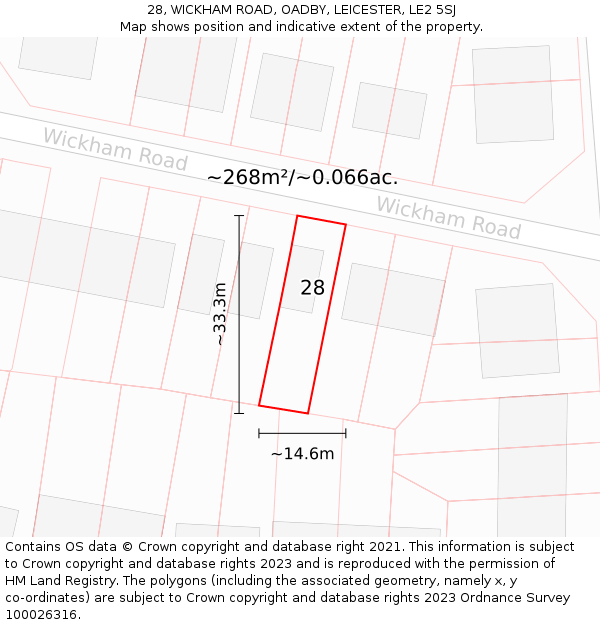 28, WICKHAM ROAD, OADBY, LEICESTER, LE2 5SJ: Plot and title map