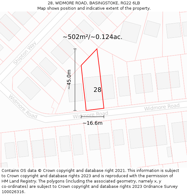 28, WIDMORE ROAD, BASINGSTOKE, RG22 6LB: Plot and title map