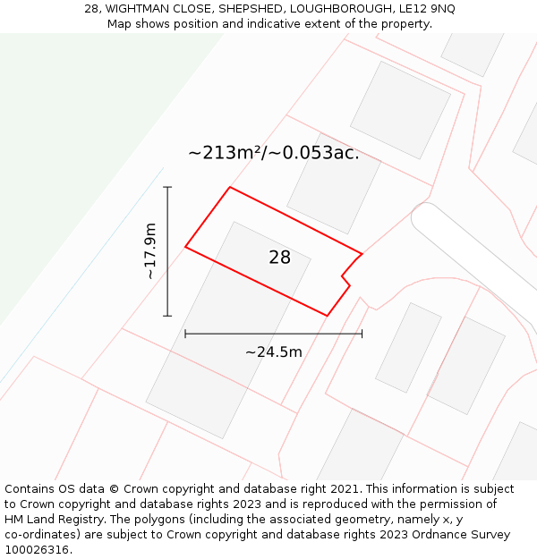28, WIGHTMAN CLOSE, SHEPSHED, LOUGHBOROUGH, LE12 9NQ: Plot and title map