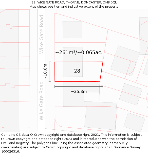 28, WIKE GATE ROAD, THORNE, DONCASTER, DN8 5QL: Plot and title map