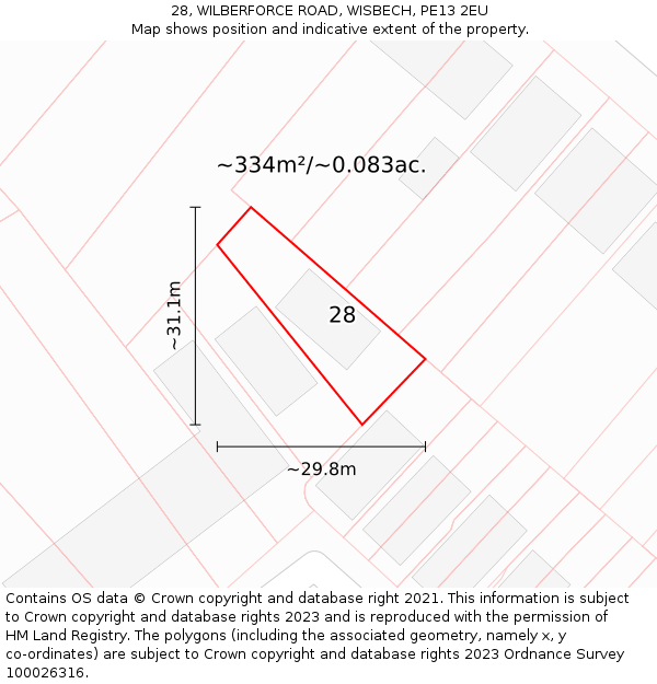 28, WILBERFORCE ROAD, WISBECH, PE13 2EU: Plot and title map