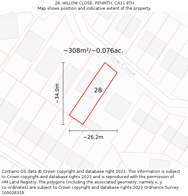 28, WILLOW CLOSE, PENRITH, CA11 8TH: Plot and title map