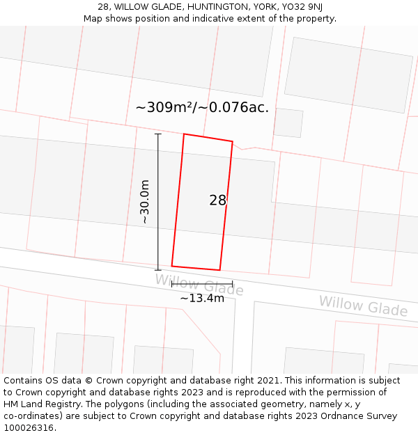 28, WILLOW GLADE, HUNTINGTON, YORK, YO32 9NJ: Plot and title map