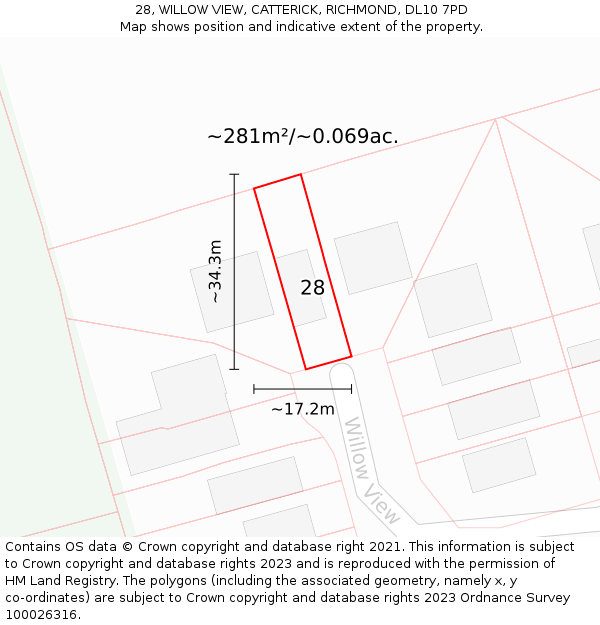 28, WILLOW VIEW, CATTERICK, RICHMOND, DL10 7PD: Plot and title map