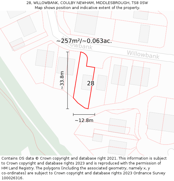 28, WILLOWBANK, COULBY NEWHAM, MIDDLESBROUGH, TS8 0SW: Plot and title map