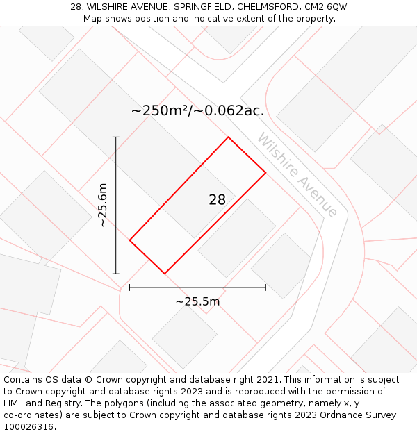 28, WILSHIRE AVENUE, SPRINGFIELD, CHELMSFORD, CM2 6QW: Plot and title map